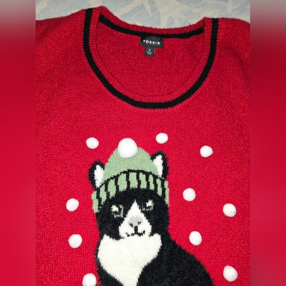 Torrid 5X Pullover Crew Neck Sweater-Holiday Red Cat Poms NWOT, never worn - Picture 3 of 5